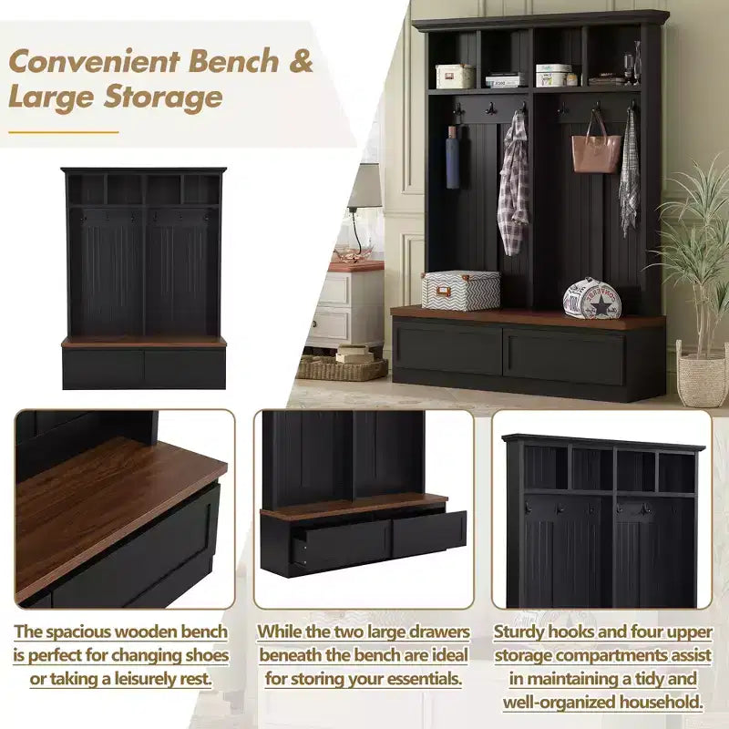Appendiabiti rustico con panca effetto legno, appendiabiti versatile da ingresso con 2 grandi cassetti, organizzatore per l'entrata