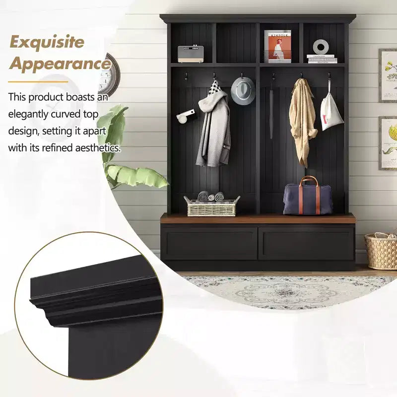 Appendiabiti rustico con panca effetto legno, appendiabiti versatile da ingresso con 2 grandi cassetti, organizzatore per l'entrata