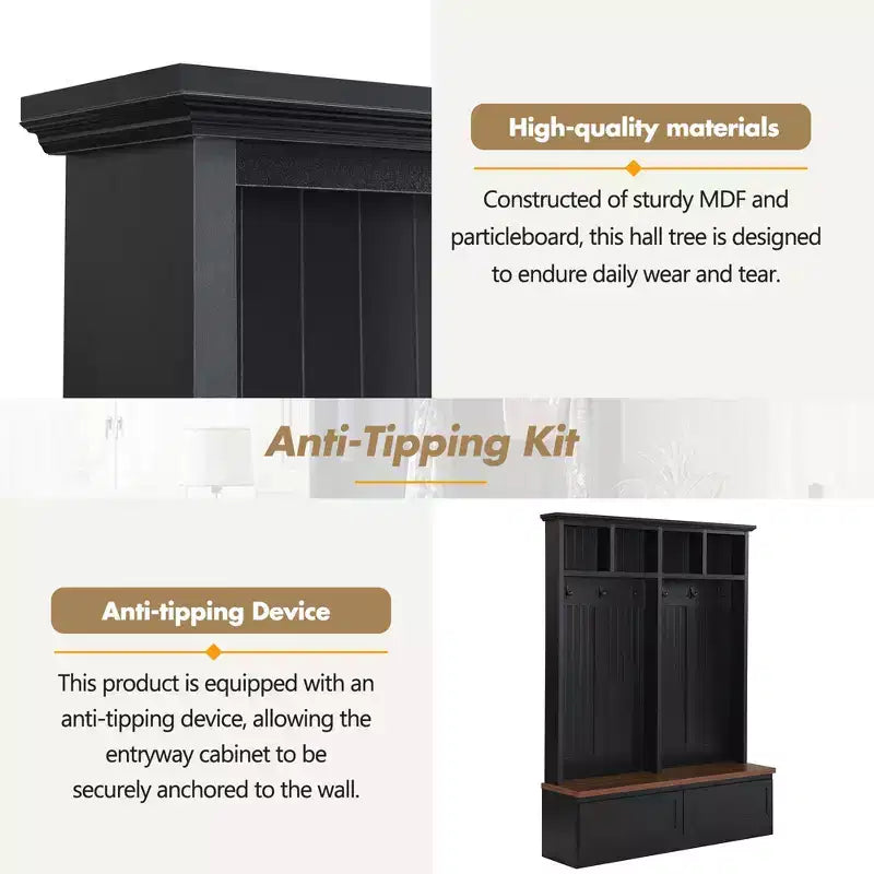 Appendiabiti rustico con panca effetto legno, appendiabiti versatile da ingresso con 2 grandi cassetti, organizzatore per l'entrata