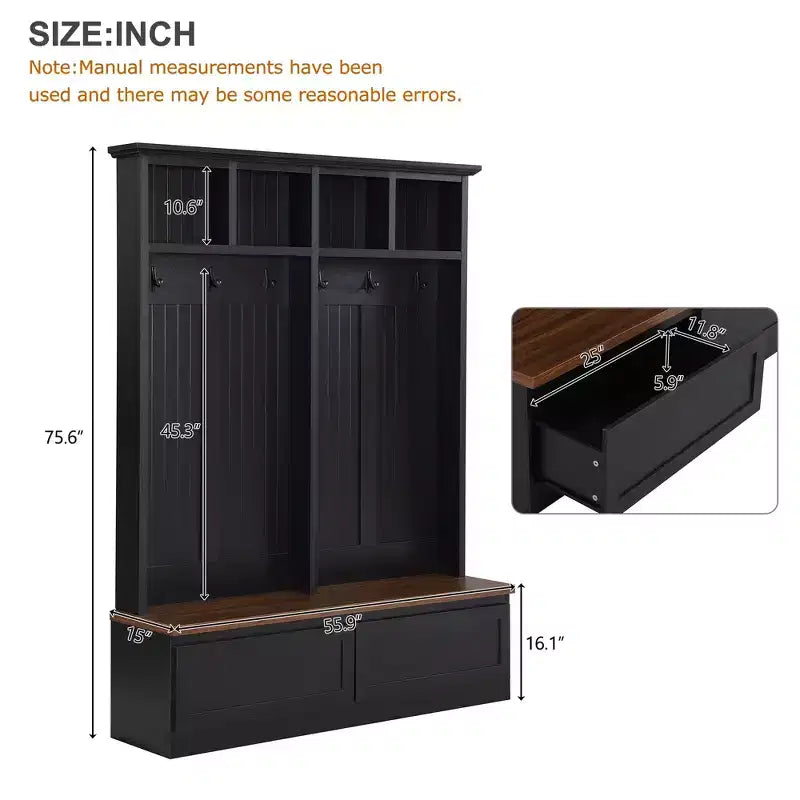 Appendiabiti rustico con panca effetto legno, appendiabiti versatile da ingresso con 2 grandi cassetti, organizzatore per l'entrata