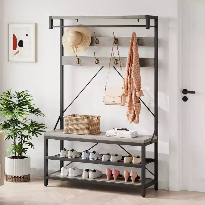 Appendiabiti da ingresso con panca e scarpiera - Mobile da ingresso alto 74 cm con ripiano superiore e 4 ganci in metallo, Organizer armadio appendiabiti