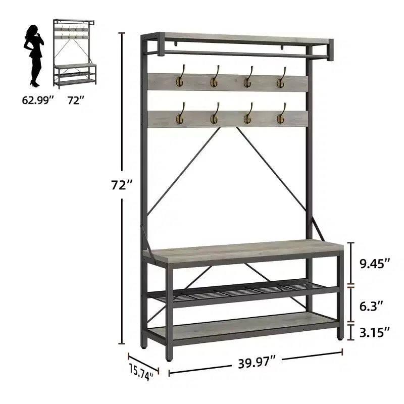 Appendiabiti da ingresso con panca e scarpiera - Mobile da ingresso alto 74 cm con ripiano superiore e 4 ganci in metallo, Organizer armadio appendiabiti