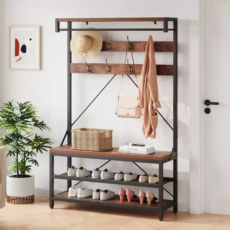 Appendiabiti da ingresso con panca e scarpiera - Mobile da ingresso alto 74 cm con ripiano superiore e 4 ganci in metallo, Organizer armadio appendiabiti