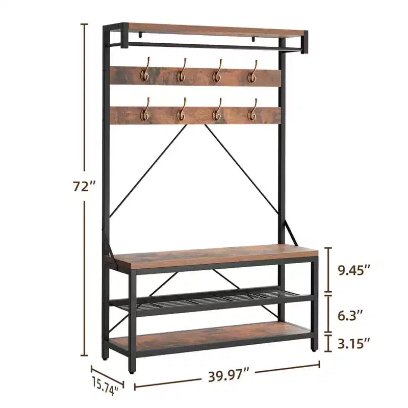 Appendiabiti da ingresso con panca e scarpiera - Mobile da ingresso alto 74 cm con ripiano superiore e 4 ganci in metallo, Organizer armadio appendiabiti