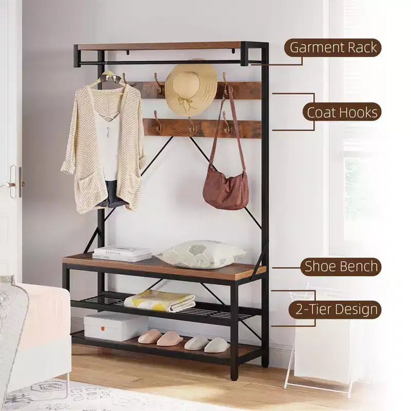 Appendiabiti da ingresso con panca e scarpiera - Mobile da ingresso alto 74 cm con ripiano superiore e 4 ganci in metallo, Organizer armadio appendiabiti