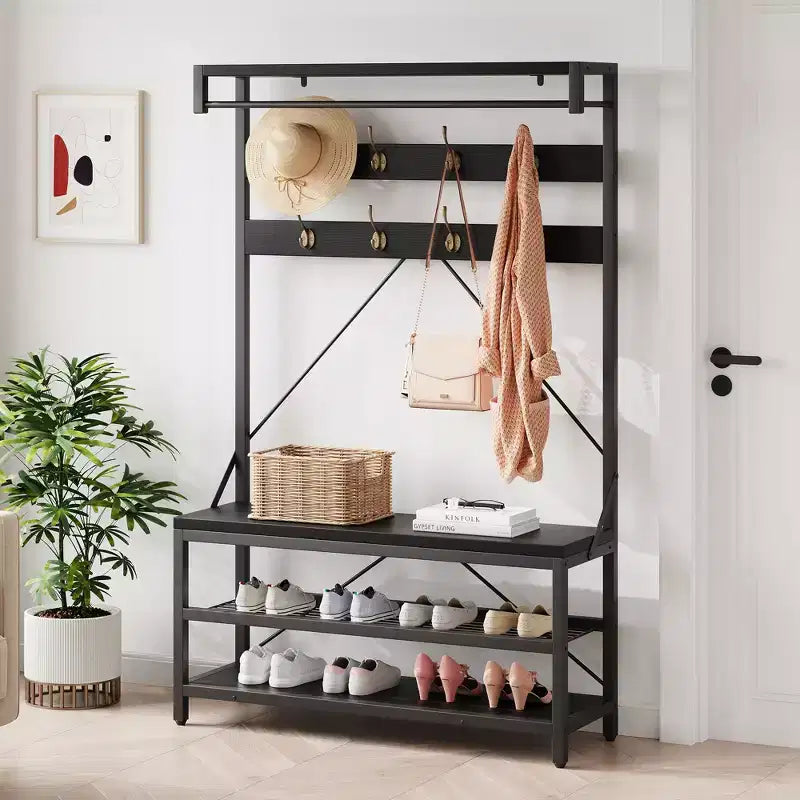 Appendiabiti da ingresso con panca e scarpiera - Mobile da ingresso alto 74 cm con ripiano superiore e 4 ganci in metallo, Organizer armadio appendiabiti