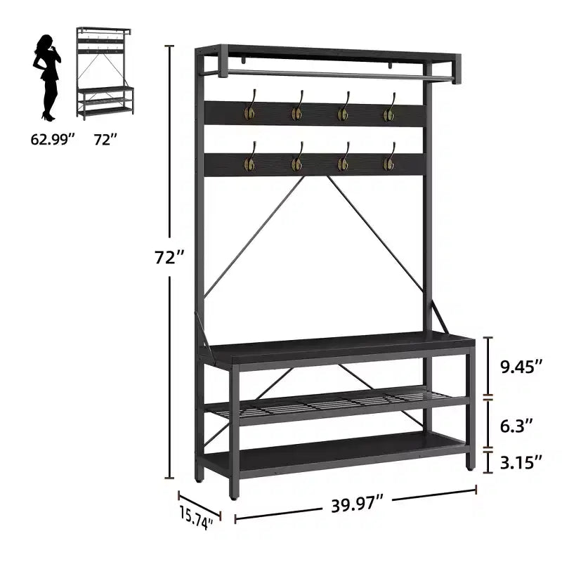 Appendiabiti da ingresso con panca e scarpiera - Mobile da ingresso alto 74 cm con ripiano superiore e 4 ganci in metallo, Organizer armadio appendiabiti