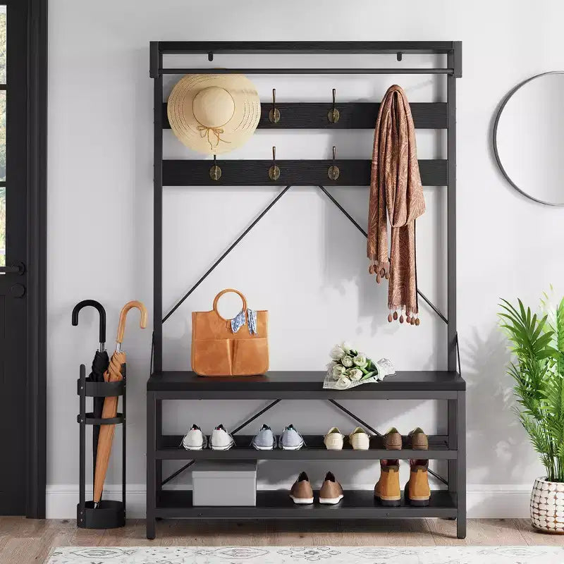 Hall Tree Shoe Rack Large Coat Rack Shoe Bench for Entryway 3-Tier Storage Shelf and Hooks Removable Industrial Accent Furniture Metal Frame