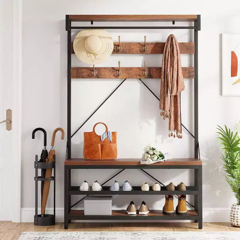 Appendiabiti da ingresso con panca e scarpiera - Mobile da ingresso alto 74 cm con ripiano superiore e 4 ganci in metallo, Organizer armadio appendiabiti