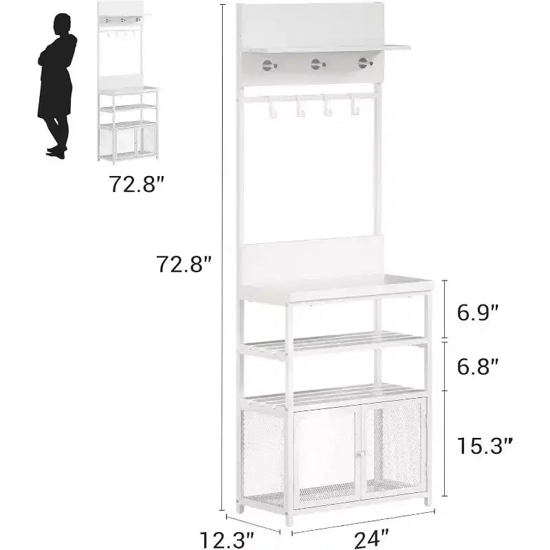 Appendiabiti da ingresso con ante, stendino stretto e porta scarpe da 72,8 pollici, organizzatore per ingresso con 7 ganci, ripiani e armadietto a rete, bianco