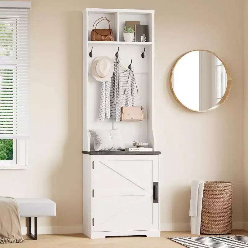 Panca appendiabiti a muro stretta in stile rustico con contenitore per scarpe, appendiabiti, anta scorrevole, piccolo organizer per ingresso