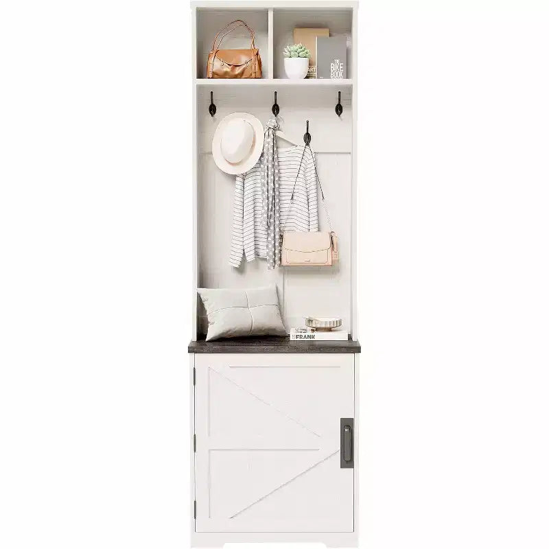 Panca appendiabiti a muro stretta in stile rustico con contenitore per scarpe, appendiabiti, anta scorrevole, piccolo organizer per ingresso