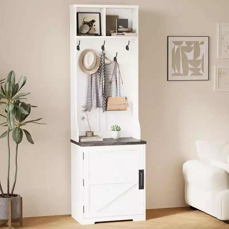 Panca appendiabiti a muro stretta in stile rustico con contenitore per scarpe, appendiabiti, anta scorrevole, piccolo organizer per ingresso