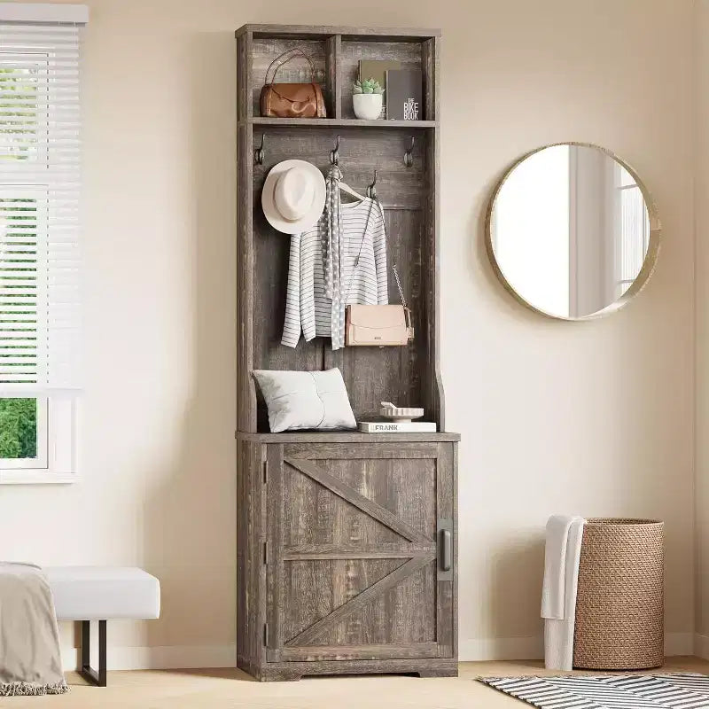 Panca appendiabiti a muro stretta in stile rustico con contenitore per scarpe, appendiabiti, anta scorrevole, piccolo organizer per ingresso