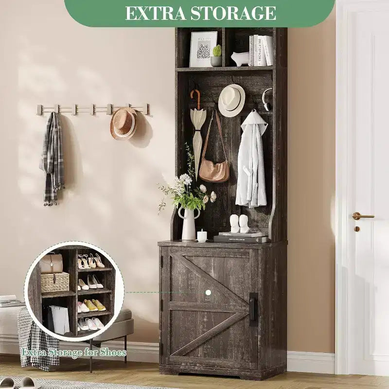 Panca appendiabiti a muro stretta in stile rustico con contenitore per scarpe, appendiabiti, anta scorrevole, piccolo organizer per ingresso