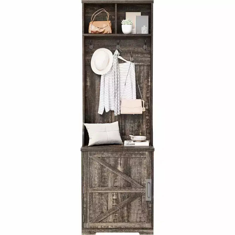 Panca appendiabiti a muro stretta in stile rustico con contenitore per scarpe, appendiabiti, anta scorrevole, piccolo organizer per ingresso