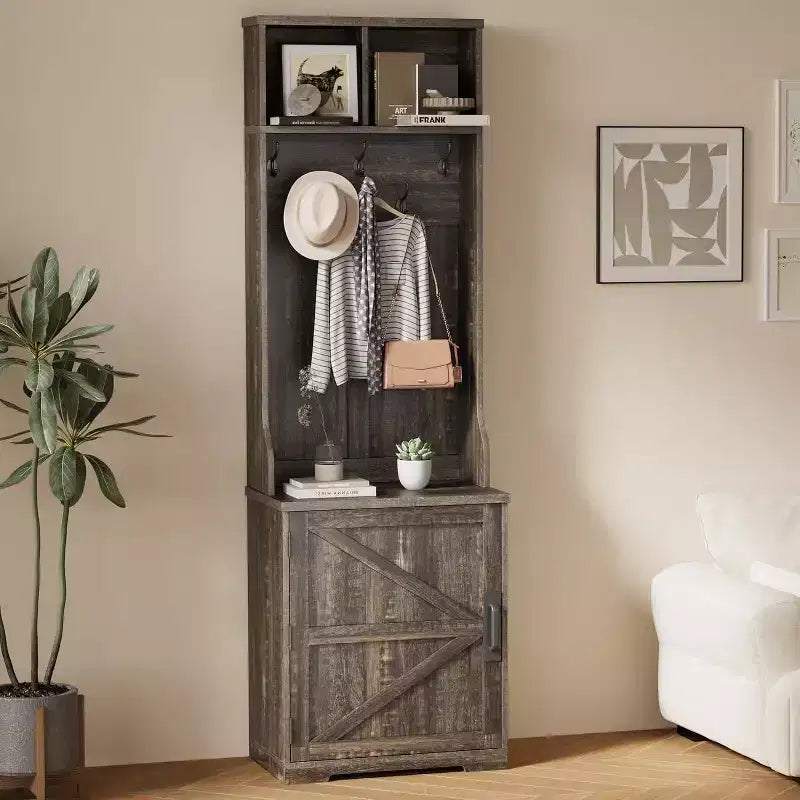 Panca appendiabiti a muro stretta in stile rustico con contenitore per scarpe, appendiabiti, anta scorrevole, piccolo organizer per ingresso