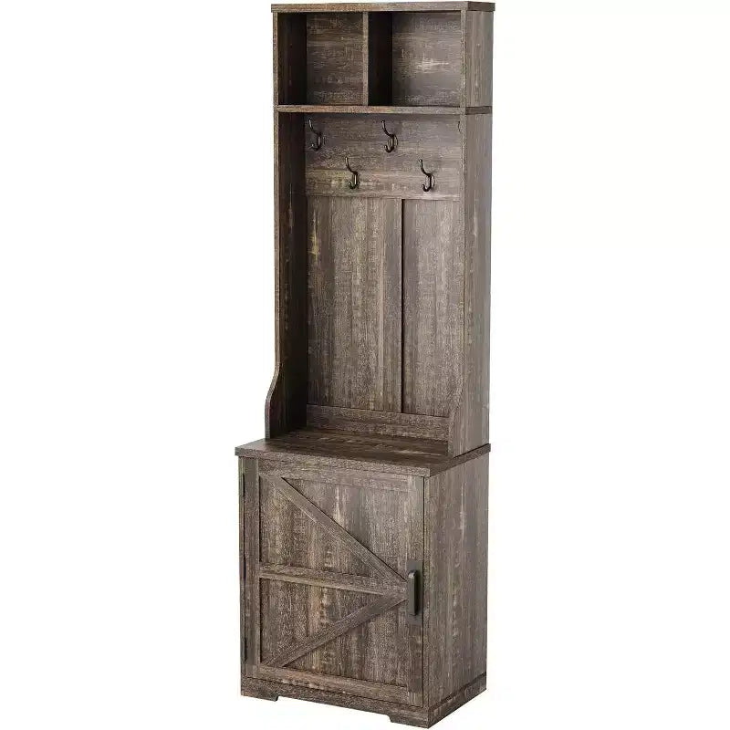 Panca appendiabiti a muro stretta in stile rustico con contenitore per scarpe, appendiabiti, anta scorrevole, piccolo organizer per ingresso