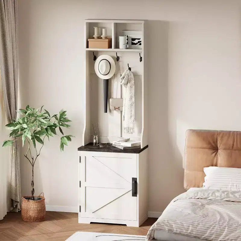 Panca appendiabiti a muro stretta in stile rustico con contenitore per scarpe, appendiabiti, anta scorrevole, piccolo organizer per ingresso