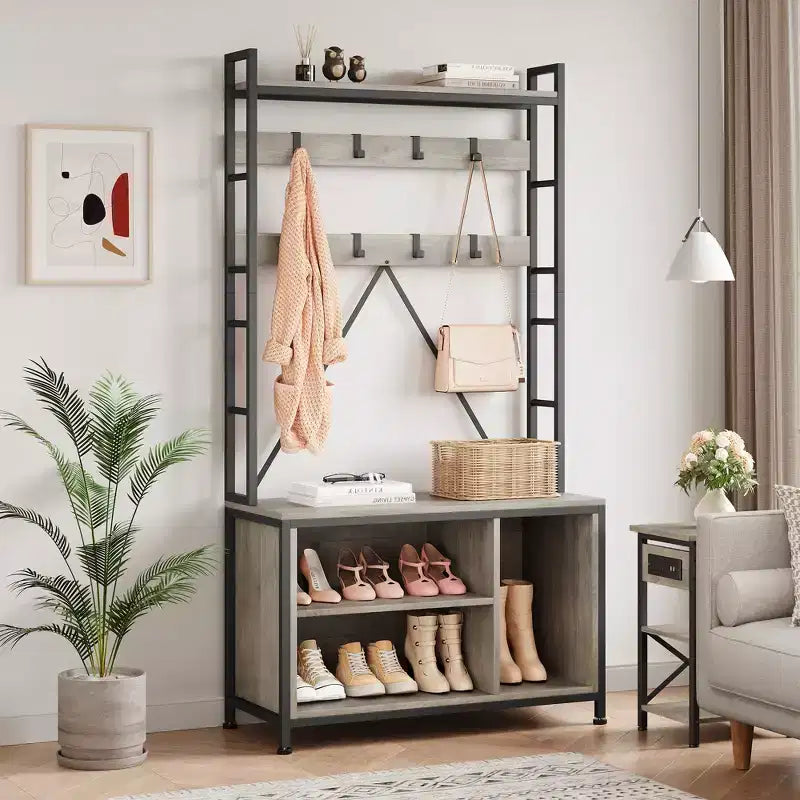 Scarpiera per armadio, appendiabiti da ingresso da 92,48 cm con panca porta scarpe, panca da ingresso con attaccapanni e appendino da parete con 8 ganci, panca industriale