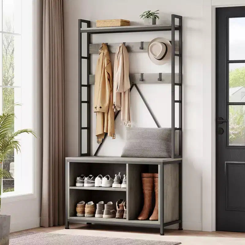 Scarpiera per armadio, appendiabiti da ingresso da 92,48 cm con panca porta scarpe, panca da ingresso con attaccapanni e appendino da parete con 8 ganci, panca industriale