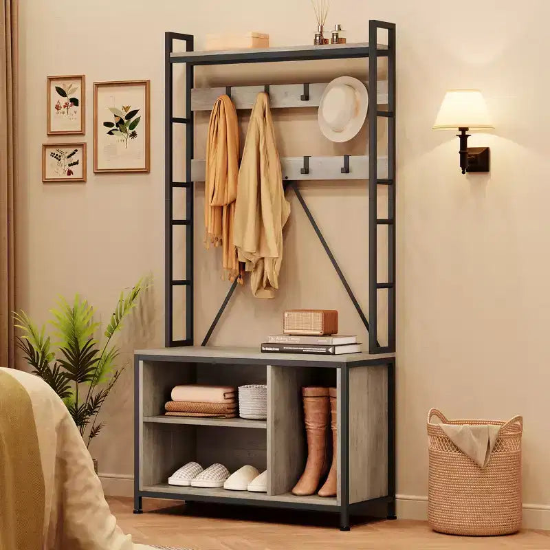 Scarpiera per armadio, appendiabiti da ingresso da 92,48 cm con panca porta scarpe, panca da ingresso con attaccapanni e appendino da parete con 8 ganci, panca industriale