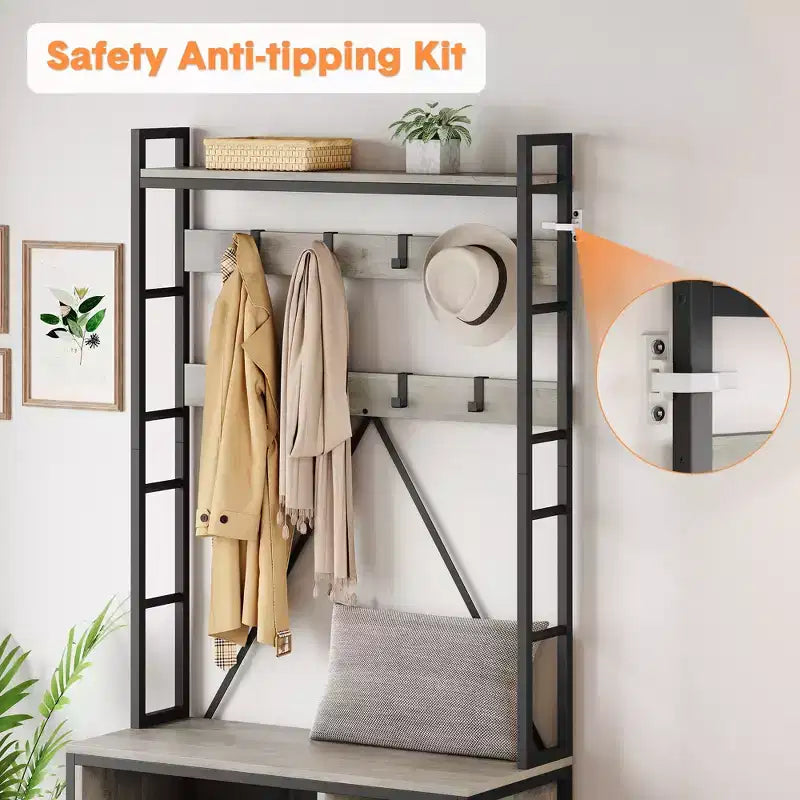 Scarpiera per armadio, appendiabiti da ingresso da 92,48 cm con panca porta scarpe, panca da ingresso con attaccapanni e appendino da parete con 8 ganci, panca industriale
