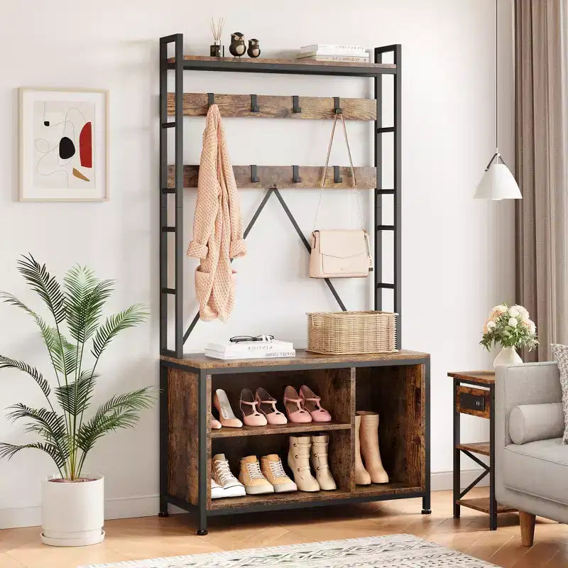 Scarpiera per armadio, appendiabiti da ingresso da 92,48 cm con panca porta scarpe, panca da ingresso con attaccapanni e appendino da parete con 8 ganci, panca industriale