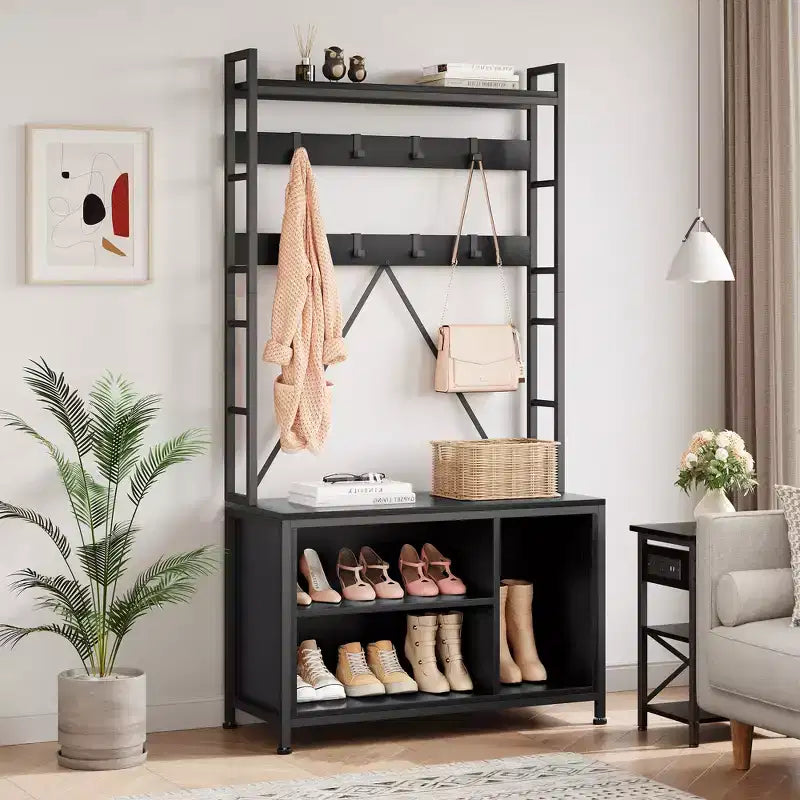 Scarpiera per armadio, appendiabiti da ingresso da 92,48 cm con panca porta scarpe, panca da ingresso con attaccapanni e appendino da parete con 8 ganci, panca industriale