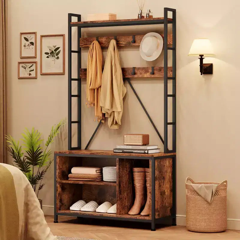 Scarpiera per armadio, appendiabiti da ingresso da 92,48 cm con panca porta scarpe, panca da ingresso con attaccapanni e appendino da parete con 8 ganci, panca industriale