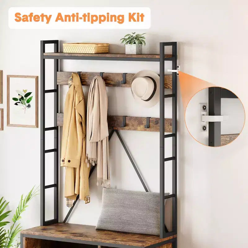 Scarpiera per armadio, appendiabiti da ingresso da 92,48 cm con panca porta scarpe, panca da ingresso con attaccapanni e appendino da parete con 8 ganci, panca industriale