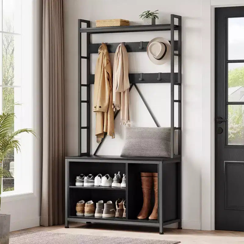 Scarpiera per armadio, appendiabiti da ingresso da 92,48 cm con panca porta scarpe, panca da ingresso con attaccapanni e appendino da parete con 8 ganci, panca industriale