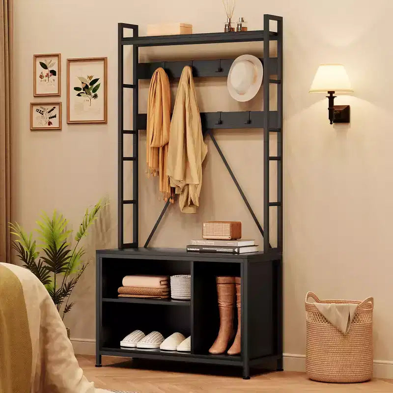 Scarpiera per armadio, appendiabiti da ingresso da 92,48 cm con panca porta scarpe, panca da ingresso con attaccapanni e appendino da parete con 8 ganci, panca industriale