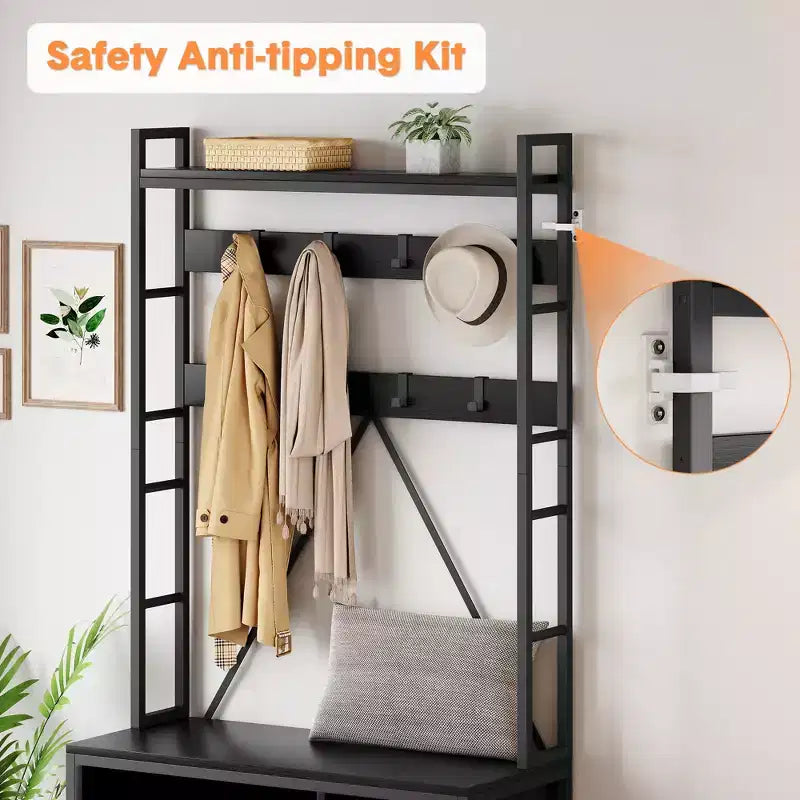 Scarpiera per armadio, appendiabiti da ingresso da 92,48 cm con panca porta scarpe, panca da ingresso con attaccapanni e appendino da parete con 8 ganci, panca industriale