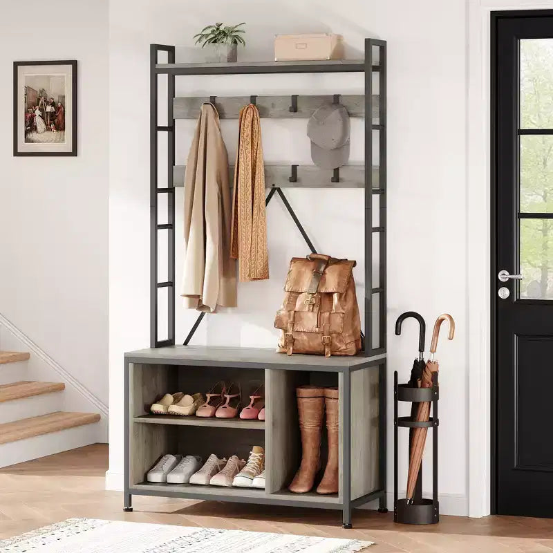 Scarpiera per armadio, appendiabiti da ingresso da 92,48 cm con panca porta scarpe, panca da ingresso con attaccapanni e appendino da parete con 8 ganci, panca industriale