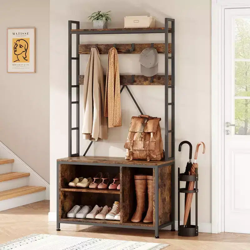 Scarpiera per armadio, appendiabiti da ingresso da 92,48 cm con panca porta scarpe, panca da ingresso con attaccapanni e appendino da parete con 8 ganci, panca industriale