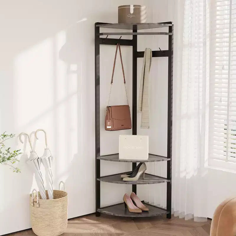 Appendiabiti da Angolo, Mobile Ingresso Angolare con Panchina Portascarpe e 6 Ganci Doppi per Ingresso, Corridoio, Bagno, Cabina Armadio