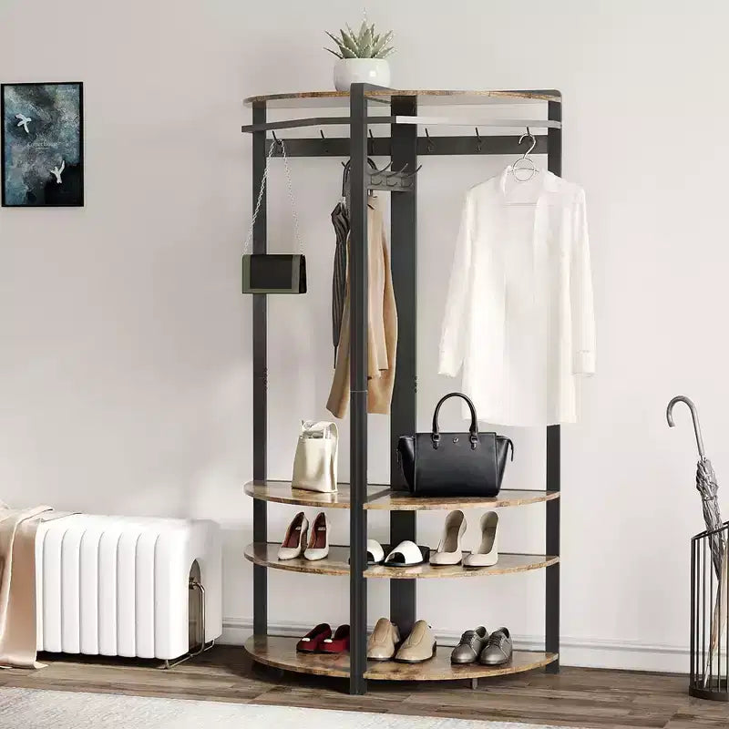 Appendiabiti da Angolo, Mobile Ingresso Angolare con Panchina Portascarpe e 6 Ganci Doppi per Ingresso, Corridoio, Bagno, Cabina Armadio