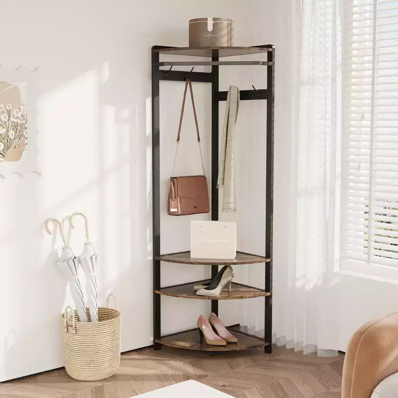 Appendiabiti da Angolo, Mobile Ingresso Angolare con Panchina Portascarpe e 6 Ganci Doppi per Ingresso, Corridoio, Bagno, Cabina Armadio