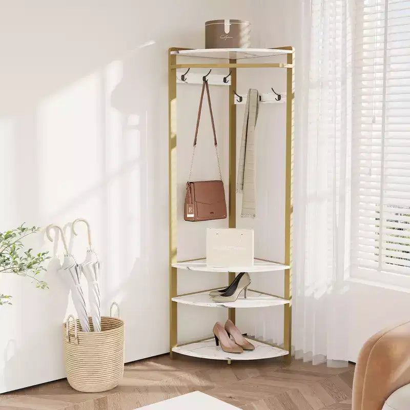 Appendiabiti da Angolo, Mobile Ingresso Angolare con Panchina Portascarpe e 6 Ganci Doppi per Ingresso, Corridoio, Bagno, Cabina Armadio