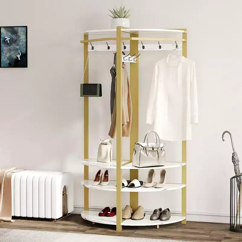 Appendiabiti da Angolo, Mobile Ingresso Angolare con Panchina Portascarpe e 6 Ganci Doppi per Ingresso, Corridoio, Bagno, Cabina Armadio