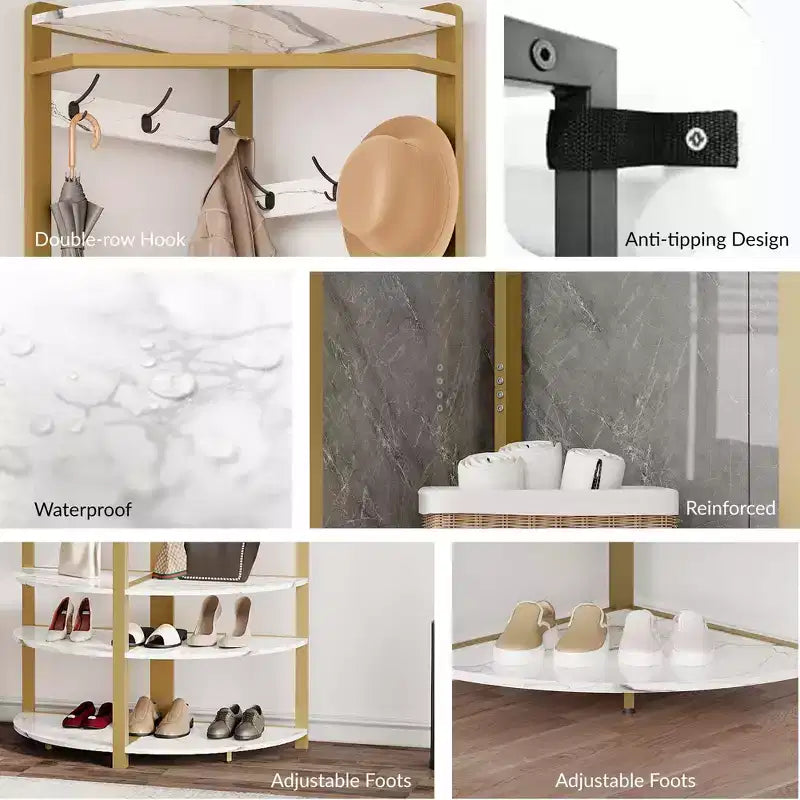 Appendiabiti da Angolo, Mobile Ingresso Angolare con Panchina Portascarpe e 6 Ganci Doppi per Ingresso, Corridoio, Bagno, Cabina Armadio