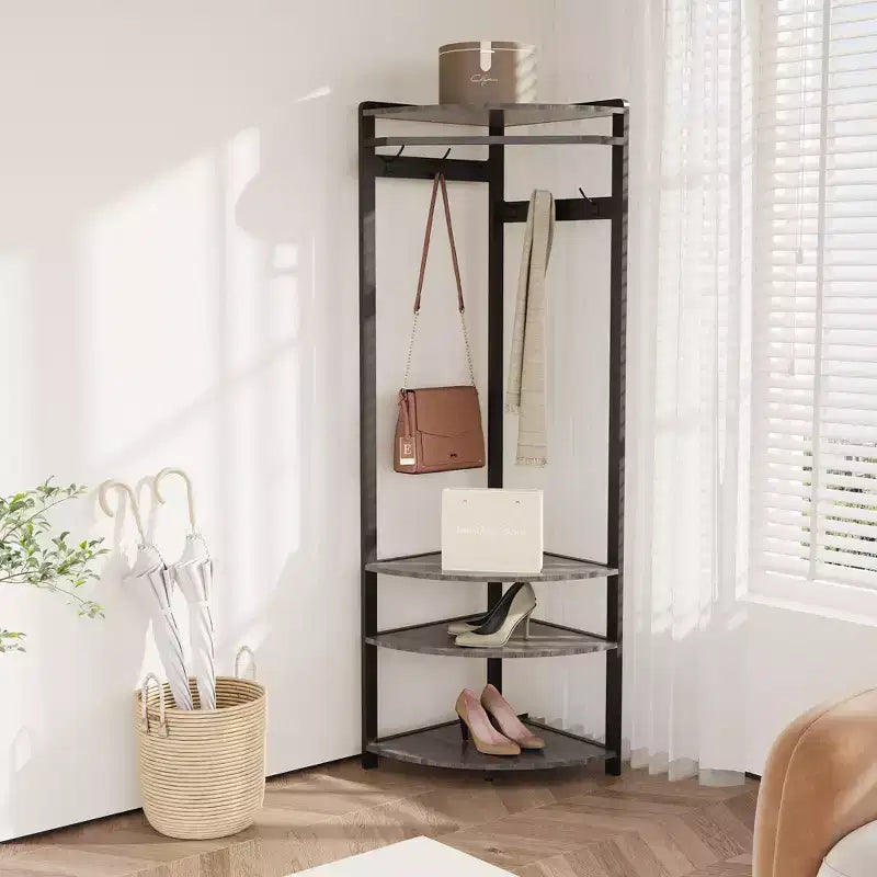 Appendiabiti da Angolo, Mobile Ingresso Angolare con Panchina Portascarpe e 6 Ganci Doppi per Ingresso, Corridoio, Bagno, Cabina Armadio