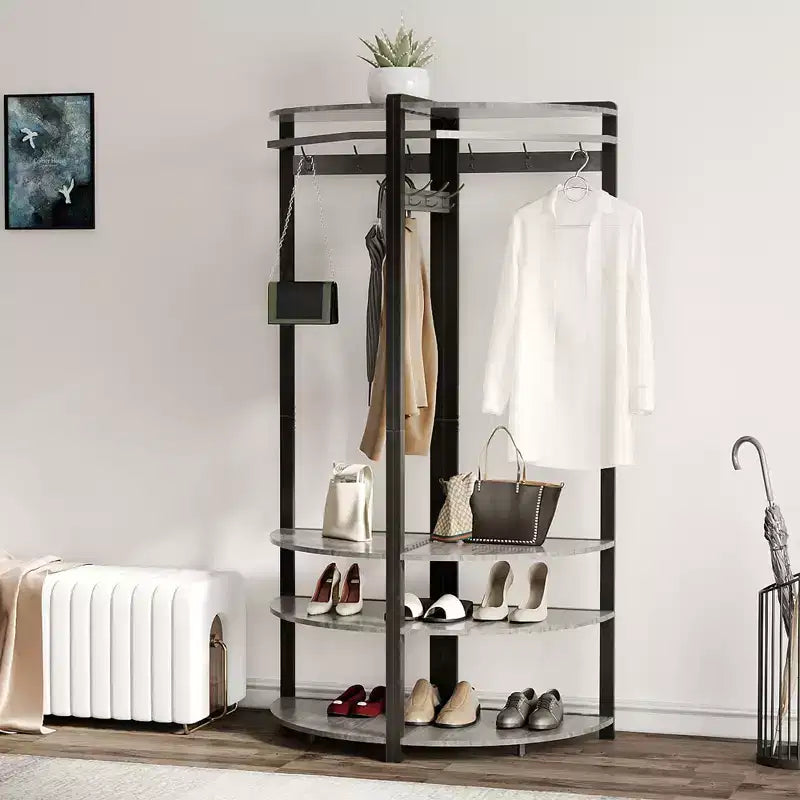 Appendiabiti da Angolo, Mobile Ingresso Angolare con Panchina Portascarpe e 6 Ganci Doppi per Ingresso, Corridoio, Bagno, Cabina Armadio