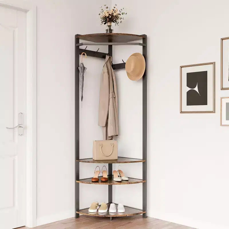 Appendiabiti da Angolo, Mobile Ingresso Angolare con Panchina Portascarpe e 6 Ganci Doppi per Ingresso, Corridoio, Bagno, Cabina Armadio