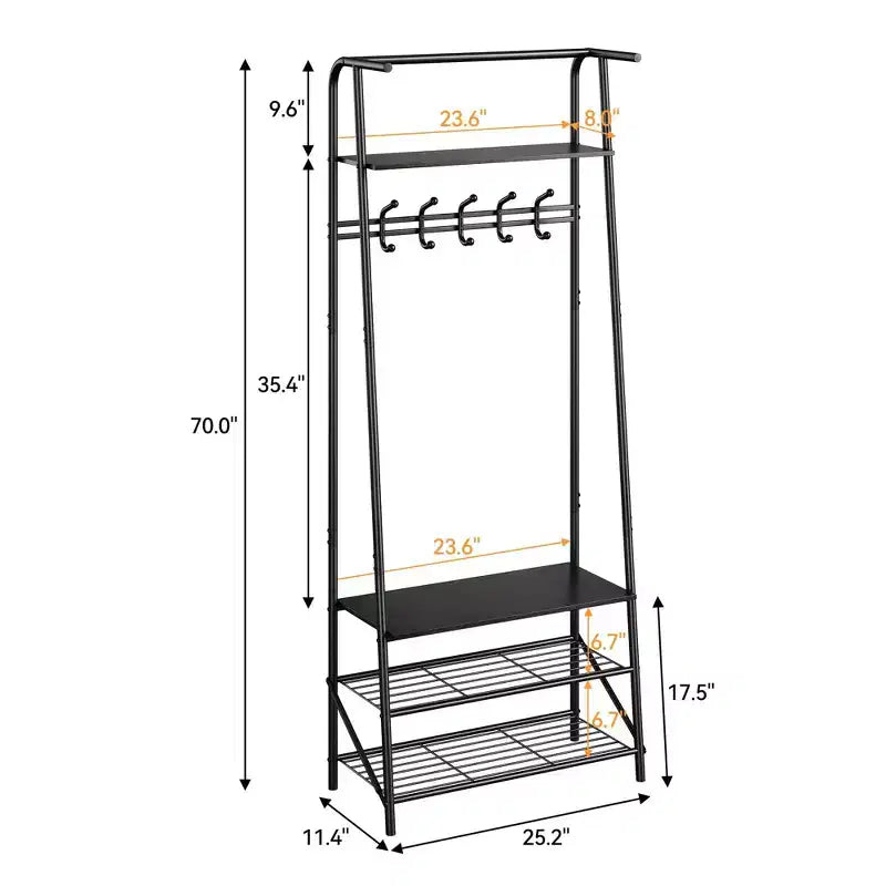 Appendiabiti con Scarpiera e 10 Ganci, Appendiabiti da Terra, Ingresso con Contenitore, Stand Appendini con Struttura in Metallo