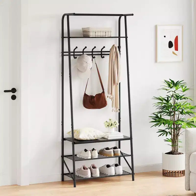 Appendiabiti con Scarpiera e 10 Ganci, Appendiabiti da Terra, Ingresso con Contenitore, Stand Appendini con Struttura in Metallo