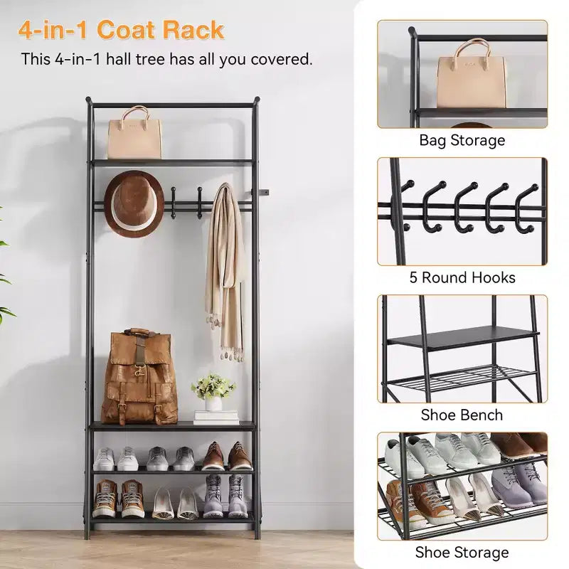 Appendiabiti con Scarpiera e 10 Ganci, Appendiabiti da Terra, Ingresso con Contenitore, Stand Appendini con Struttura in Metallo