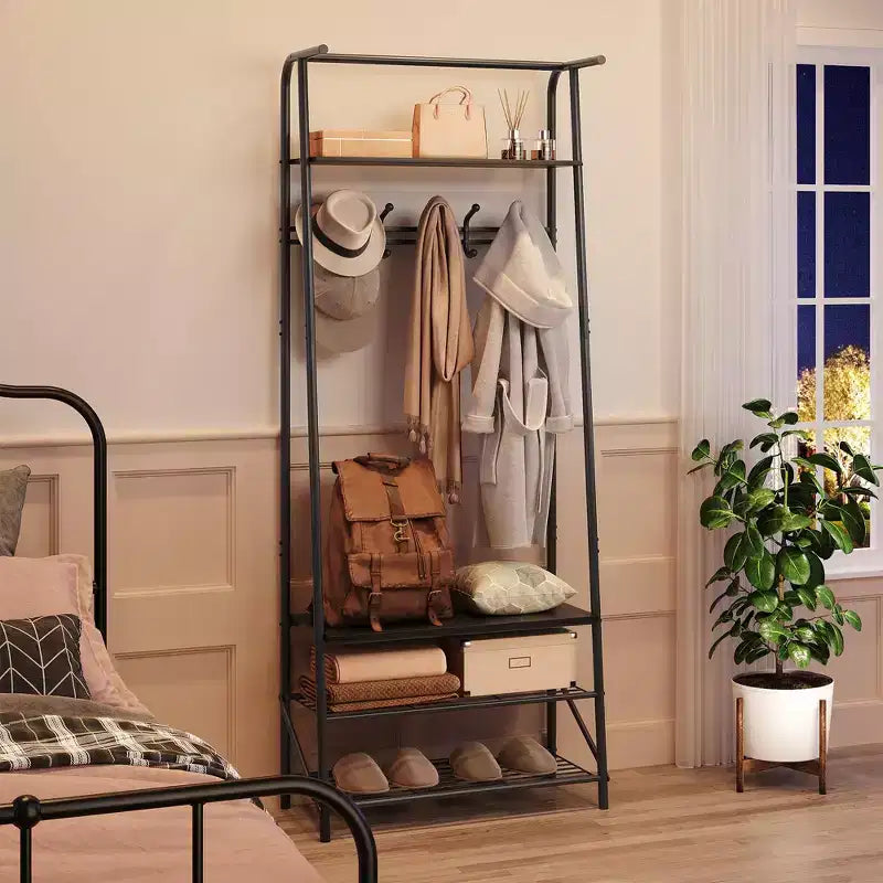 Appendiabiti con Scarpiera e 10 Ganci, Appendiabiti da Terra, Ingresso con Contenitore, Stand Appendini con Struttura in Metallo
