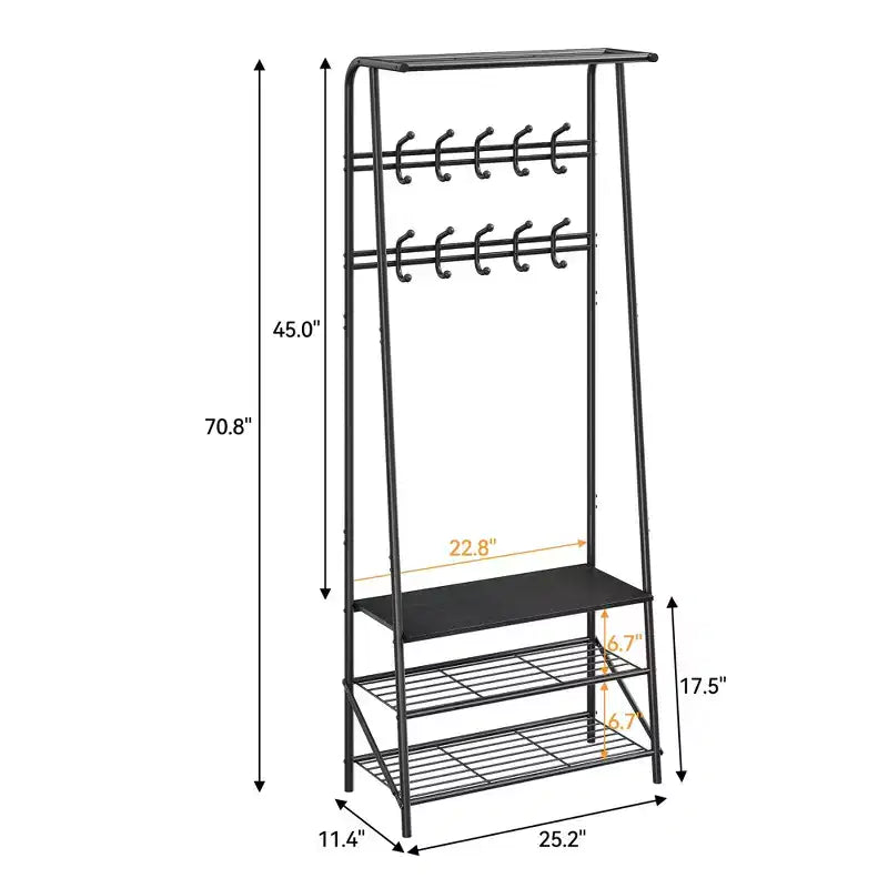 Appendiabiti con Scarpiera e 10 Ganci, Appendiabiti da Terra, Ingresso con Contenitore, Stand Appendini con Struttura in Metallo